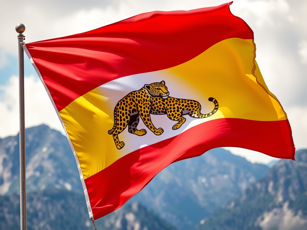 Capture a vibrant flag featuring a leopard on a mountainous background, with bold red, white, and yellow colors, using a DSLR camera at f/8, ISO 100, 50mm lens, and a slight upward angle to emphasize the flag's texture and colors.
