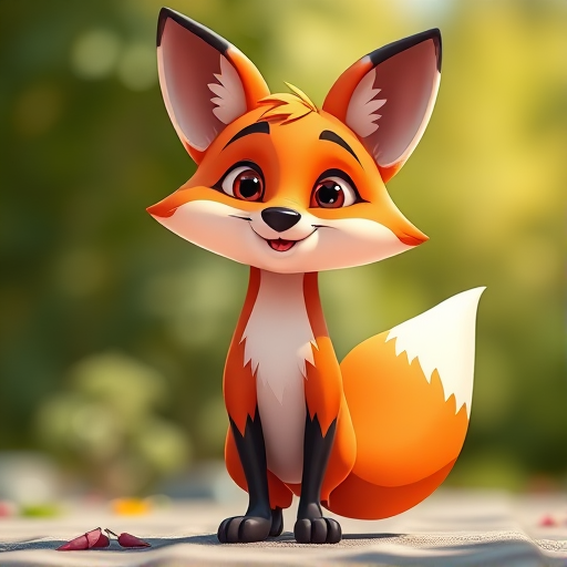 Create a high-resolution image of a cartoon fox standing upright with a friendly expression, utilizing a DSLR camera with a 50mm lens, aperture set to f/2.8, ISO 100, in bright natural light to enhance color vibrancy and detail.