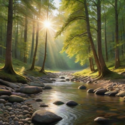 Create an image of a serene, sunlit forest scene with a clear, gently flowing river. Tall trees with lush green foliage line both sides of the river, their leaves bathed in the warm golden light of the setting or rising sun. The sunlight filters through the trees, casting soft, dappled light on the river, which flows over smooth rocks and pebbles, creating a peaceful, natural atmosphere. The sky is bright with a few scattered clouds, and the overall mood is tranquil, evoking a deep sense of connection with nature. The image captures the beauty of a calm, pristine forest landscape at either dawn or dusk.