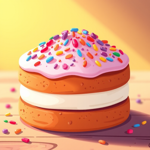 Create a vibrant cartoon-style illustration of a layered cake with colorful sprinkles on top, utilizing a high-resolution digital format with a soft-focus depth of field, 50mm lens, f/2.8 aperture, and bright studio lighting to enhance textures and colors.