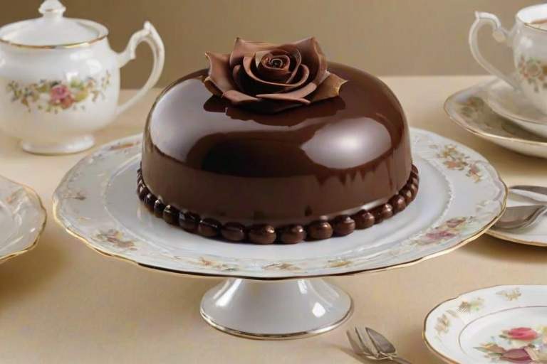 Create an image of a rich chocolate cake shaped like a dome, with a smooth surface and a glossy finish. The cake should have a slice cut out to reveal its moist, dense interior filled with chocolate chips and dried fruits. Top the cake with a delicate white rose made of fondant, and present it on an elegant silver plate alongside two fine china cups of tea. The background should be softly blurred to emphasize the cake.