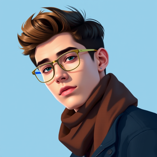 Create a digital illustration of a young man with glasses and styled hair, wearing a brown scarf and a black jacket, against a soft blue background, with vivid colors and smooth lines, captured in a dynamic portrait view using a DSLR camera with a 50mm lens at f/1.8, ISO 100, and natural lighting for enhanced detail and clarity.