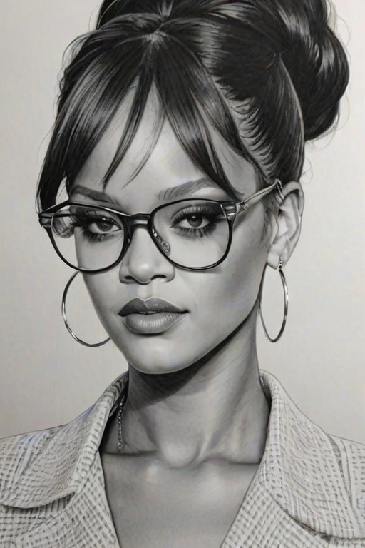 Stunning Rihanna, pencil sketch, portrait of Ravishing woman 1971s in glasses, hair style beatnik, outline, clear lines, fine lines, 8k
