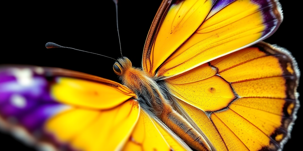 Create a highly detailed, vibrant illustration of a butterfly with yellow and purple wings, using a macro lens at f/2.8 aperture, 50mm focal length, natural lighting, and a shallow depth of field to enhance image quality against a dark background.