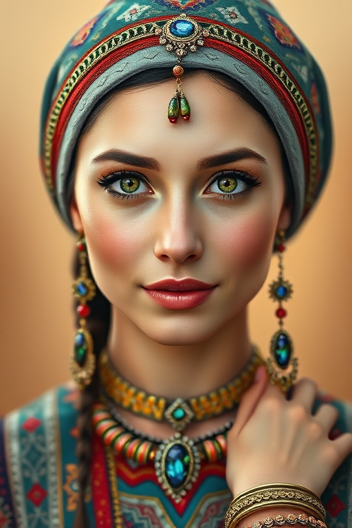 Create a portrait of a beautiful Kyrgyz woman with striking green eyes and a gentle expression. She is adorned in traditional attire with intricate patterns, including a richly embroidered headscarf and matching garments. Her jewelry includes a delicate headpiece, dangling earrings, and ornate bracelets, all featuring vibrant gemstones and detailed metalwork. The background is soft and warm, enhancing the rich colors of her outfit and jewelry.