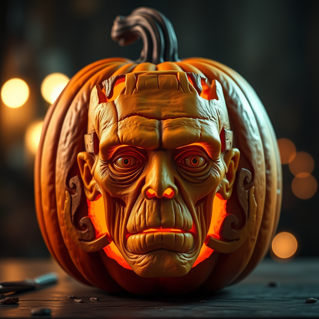 a pumpkin intricately carved in the face of a classic horror monster [Frankenstein] 3d, ultra-realistic, highly detailed, dramatic lighting, bokeh