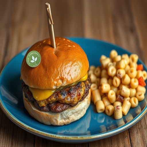 A richly detailed hamburger on a blue plate with a side of macaroni salad, shot with a Canon EOS R5 at f/2.8, 1/125 sec, ISO 100, using a 50mm lens from a top-down perspective to enhance colors and textures.