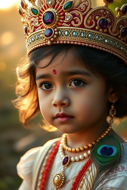 Create a highly detailed portrait of a divine child with enchanting features, wearing a traditional ornate crown adorned with jewels and peacock feathers, set against a serene natural backdrop with soft golden lighting, using a Canon EOS R5, 85mm f/1.2 lens, aperture set at f/1.8, ISO 100, shallow depth of field, capturing the textures and colors vividly.