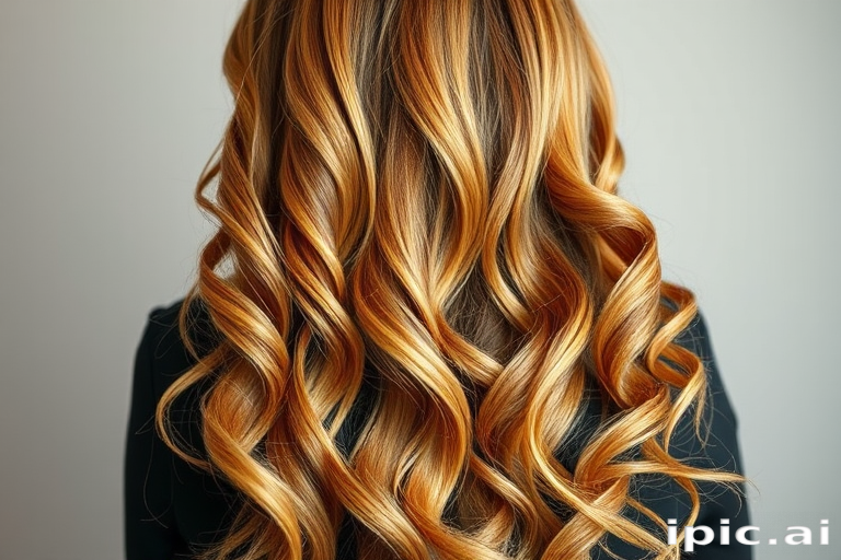 Serene image captures Honey Amber long hair, warm golden blonde base with caramel and light brown highlights, styled in loose barrel curls cascading down the back