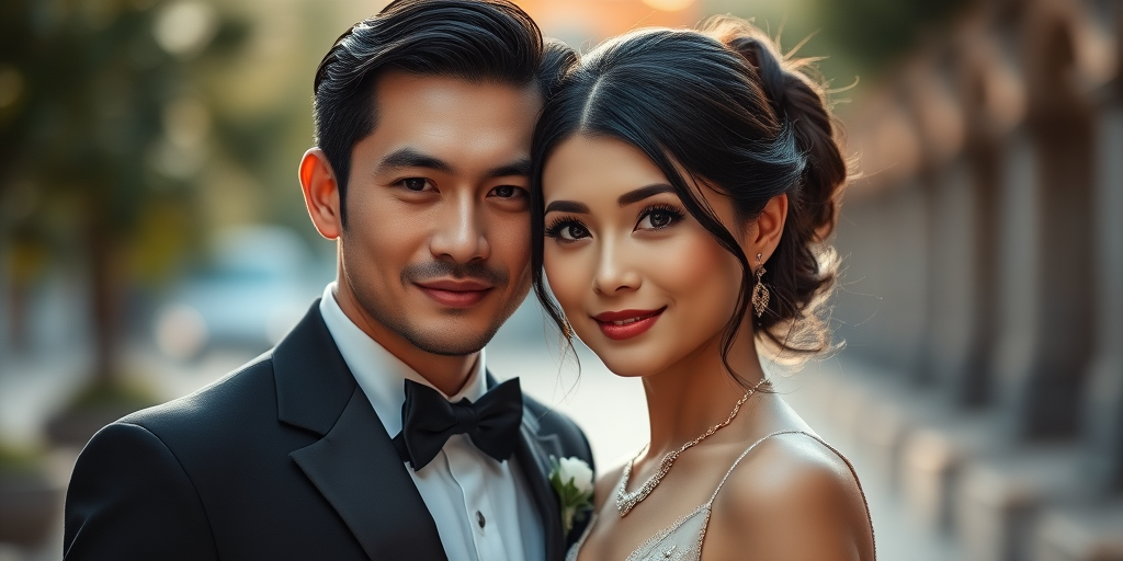 Portrait of a couple in elegant attire, soft focus background, natural light, shallow depth of field, 85mm lens, aperture f/1.8, ISO 100, warm color grading, romantic atmosphere, DSLR camera.