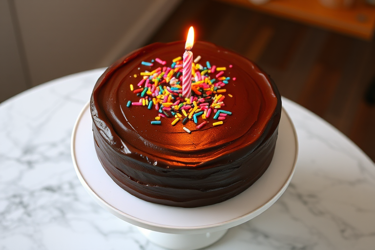 A round chocolate cake with rich chocolate frosting, decorated with colorful sprinkles on top and a single candle in the center, placed on a white cake stand, set on a marble table.