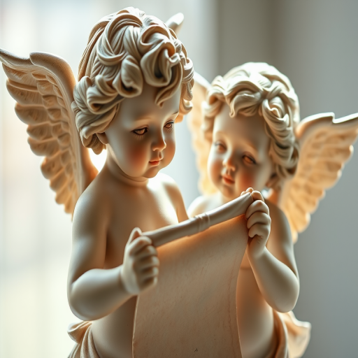 Create a high-resolution image of two vintage cherubs with delicate features and flowing hair, holding a scroll, captured with a Canon EOS R5 camera at a focal length of 50mm, aperture f/2.8, ISO 100, with natural soft lighting and a shallow depth of field to enhance the dreamy atmosphere.
