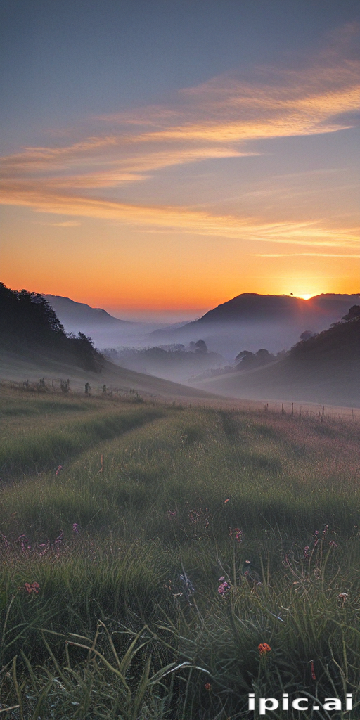 Serene Sunrise Over Rolling Hills with Mist and Colorful Wildflowers