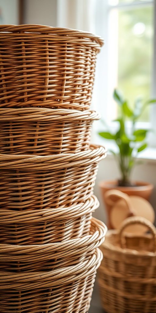 regenerate a high-resolution image of stacked wicker baskets with a blurred background, using a DSLR camera with a 50mm lens at f/2.8, ISO 100, shutter speed 1/125s, in natural light from a soft window source, capturing a top-down view for a cozy, inviting feel.