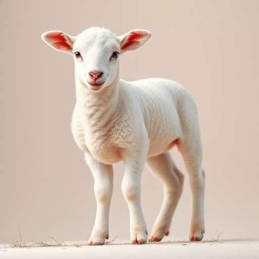 Create a high-resolution image of a standing white lamb with a soft gradient background, captured with a 50mm lens at f/2.8, 1/200s shutter speed, and ISO 100 using a DSLR camera for enhanced clarity and detail.