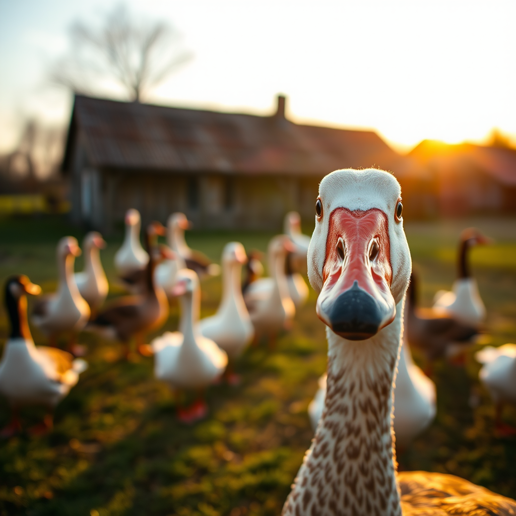 A serene village scene with a close-up of a goose in focus, surrounded by other geese and a rustic farm background, captured at sunrise with soft natural lighting, using a DSLR camera, aperture f/2.8, shutter speed 1/125s, ISO 100, wide-angle lens, vibrant colors and a shallow depth of field to enhance the details of the goose and the farm setting.