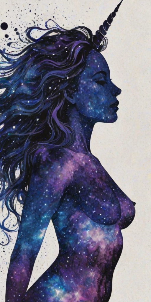 Captivating conceptual render alcohol ink art, double exposure, the paint strokes artfully merge combining a woman's full silhouette with a Unique unicorn's silhouette. The figures are composed of a series of colored dots, lines & spots that evoke the image of a cosmic galaxy, colors are deep shades of blue purple & black with flashes of white & silver representing distant stars. The woman's silhouette is formed within the lion's silhouette from constellations of scattered stars, surreal
