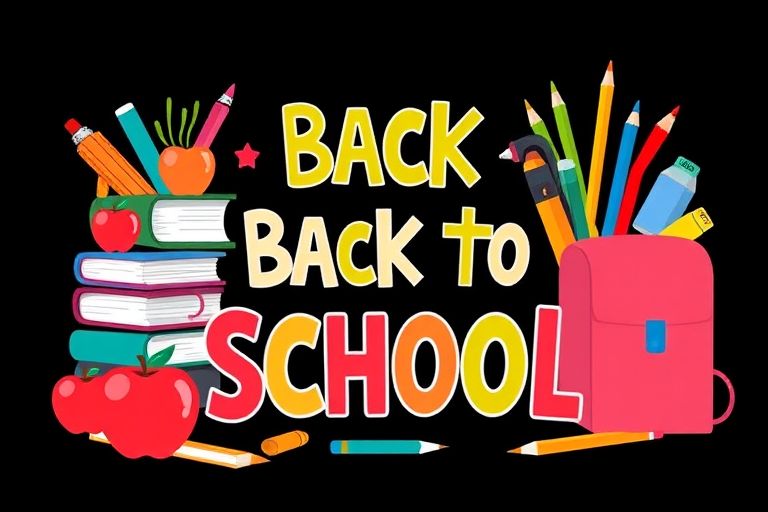 Create a colorful and vibrant illustration of a "Back to School" theme featuring school supplies like books, apples, pencils, and a backpack arranged around the text, with a dark background, using a Canon EOS 5D Mark IV at f/8, ISO 200, and a 50mm lens for sharp detail and vivid color saturation.