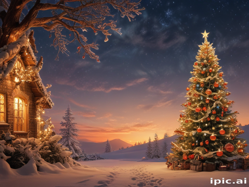 Cozy Winter Evening: A Beautifully Decorated Christmas Tree in Snowy ...