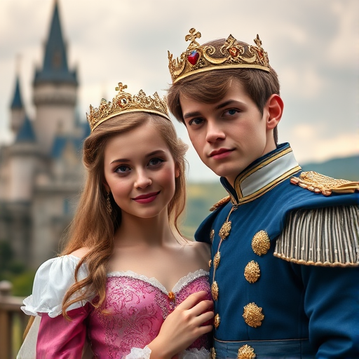 Generate a high-resolution portrait of a prince and princess in a fairytale setting, with a castle in the background, using a Canon EOS R5 camera with a 50mm f/1.2 lens, aperture set to f/2.8 for soft focus, ISO 100, and a vibrant color profile to enhance skin tones and background scenery.