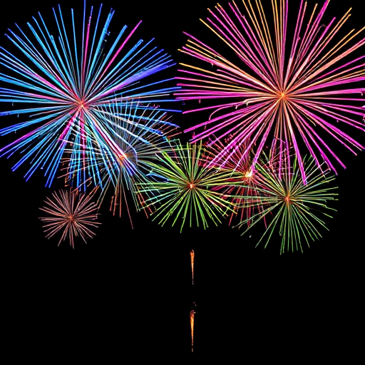 Create a vibrant fireworks display with colorful bursts in shades of blue, pink, green, yellow, and white against a black background, using a DSLR camera with a 50mm lens, f/2.8 aperture, ISO 100, and a slow shutter speed of 1/4 second for maximum detail and brightness in the colors.