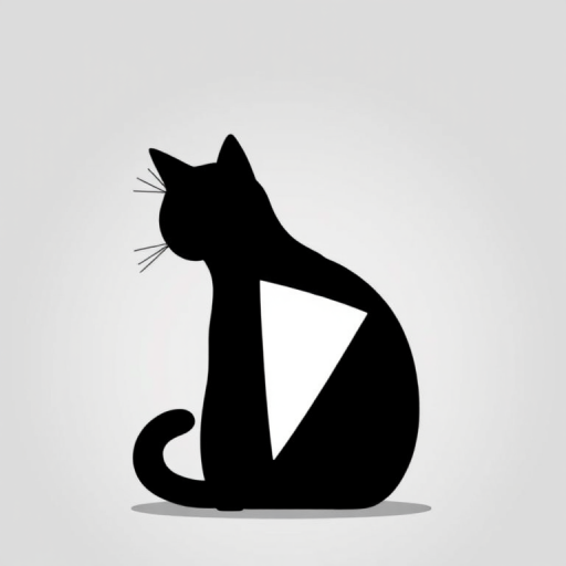 Generate a high-quality illustration of a minimalist black cat silhouette with a white triangular patch on its chest, using a Nikon D850 camera with a 50mm f/1.8 lens, aperture set to f/2.8, ISO 100, in a balanced light setting, with a soft-focused background to emphasize the cat figure.
