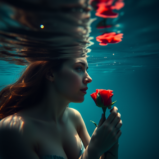 A woman underwater, gazing at a rose Her face is reflected in the water's surface The scene is illuminated by sunlight filtering through the water The atmosphere is serene and contemplative