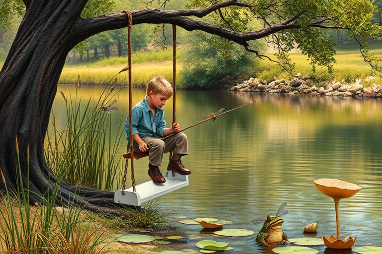 Imagine a small group of old fashioned young boys out fishing by the creek, a swing hanging from a tree branch, reeds and grasses by the water's edge, a frog sitting on a lily pad, dragonflies hovering over som water plans, a very iconic old fashioned scene reminiscent of a Norman Rockwell painting style
