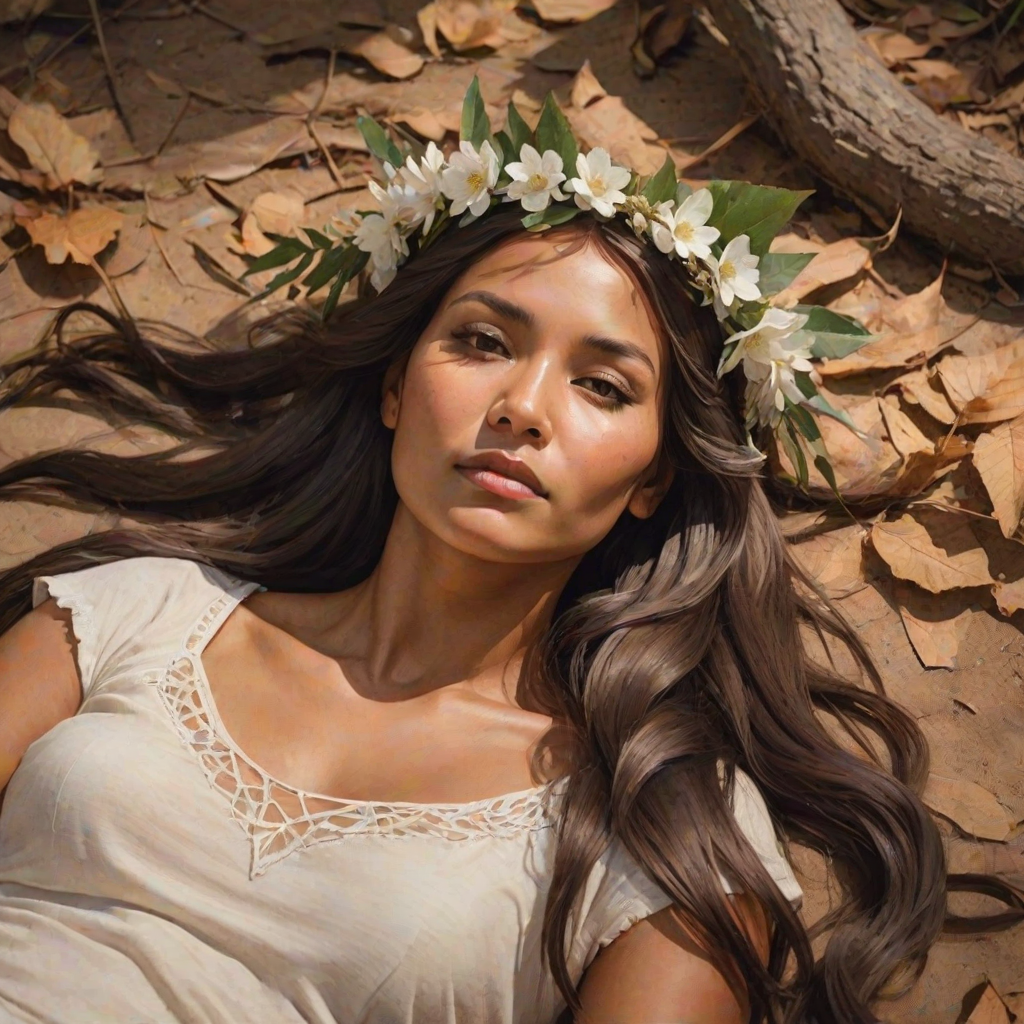 create a watercolor painting of an ethereal portrait of beautiful Native American woman with a simple white flower crown on her head. Her hair is long and she is lying on the ground. The sunlight on the trees casts shadows from the leaves on her face and body. The background is a neutral brown color that matches her skin tone. The image is minimalist and solid colors. This style is characterized by soft, delicate brushstrokes and a light, airy, contrasting color palette. High level of detail and play of light
