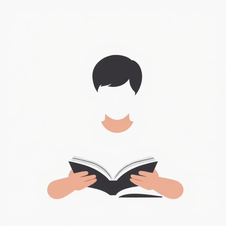 Create a minimalist icon of a person reading a book, using a flat design style, shot with a 50mm lens at f/2.8, ISO 100, and in a well-lit environment for enhanced clarity and contrast.