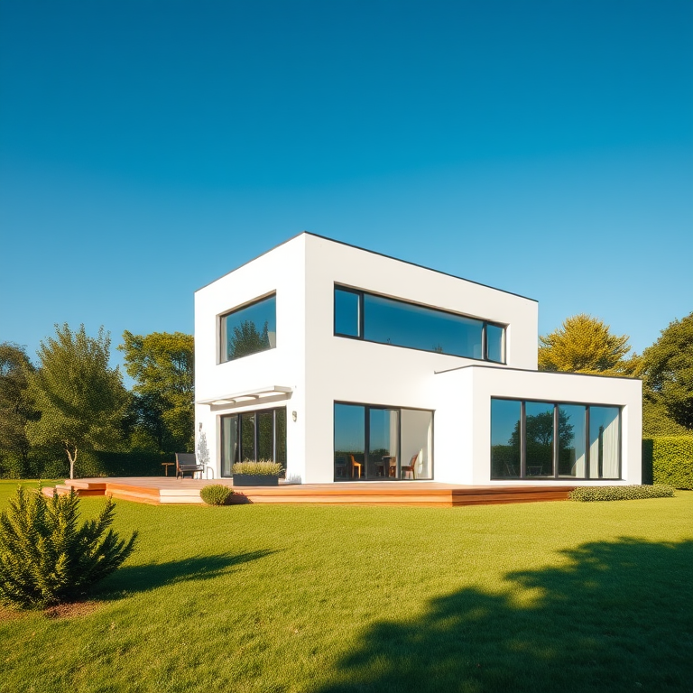 Generate an architectural render of a modern white house with large windows, surrounded by greenery and a wooden deck, under a clear blue sky, using a DSLR camera, aperture f/8, ISO 100, 24mm focal length, shot in daylight with a wide-angle view to capture the surroundings.