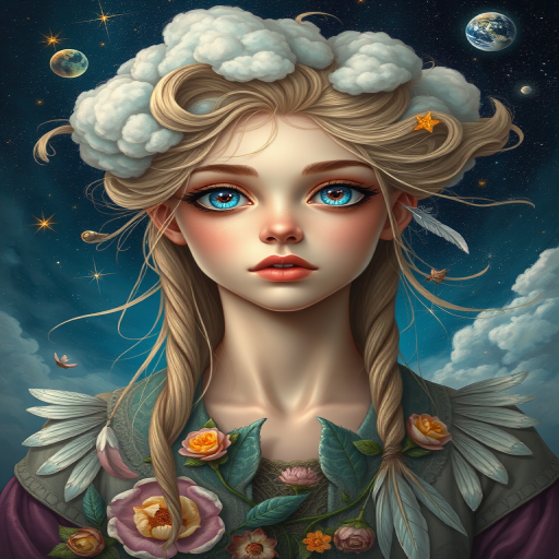 Create a series of imaginative portraits where each subject is infused with elements of fantasy and nature. The hair of the individuals should flow like clouds, varying from soft, fluffy cumulus to wispy cirrus strands, with hints of color reflecting a sunset or a clear blue sky. The eyes should be windows to entire galaxies, with stars, nebulae, and distant planets visible within them. Clothing should be adorned with nature motifs, such as floral patterns that bloom and change, vines that seem to grow and wrap around, or feathers that shimmer with iridescence. Each portrait should capture a unique personality, blending human features with the ethereal beauty of the natural and cosmic world. The backgrounds can vary, from starry night skies to enchanted forests, adding depth and context to the magical realism of the portraits