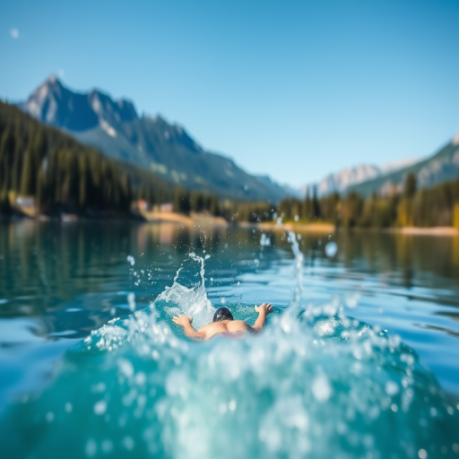 Blurry action shot of a swimmer diving into a crystal-clear lake, water splashing in all directions, with distant trees and mountains reflected on the surface.