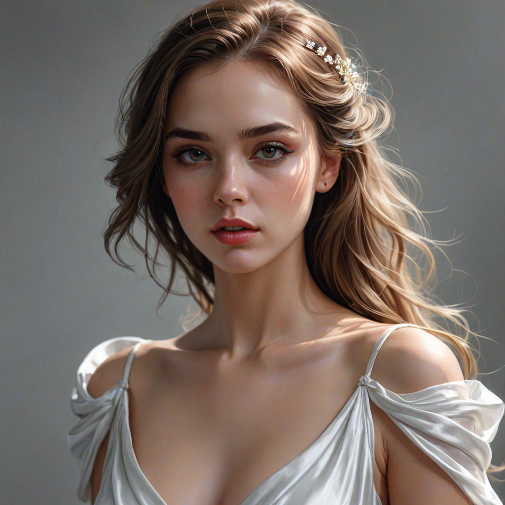 digital painting,  digital illustration,  stunning girl, make up , white silk dress extreme detail,  digital art,  4k,  ultra hd