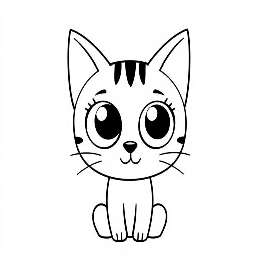 Create a simple black and white illustration of a cartoon cat with large round eyes and prominent ears the cat should have a minimalist design and a friendly expression the background should be plain white