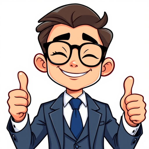 Create a vibrant cartoon character of a young businessman in a stylish suit, winking and giving a thumbs up, using a Canon EOS 5D Mark IV with a 50mm lens at f/1.8 aperture, ISO 100, and a 1/200s shutter speed, designed in a flat vector style with bright colors and a clean white background.