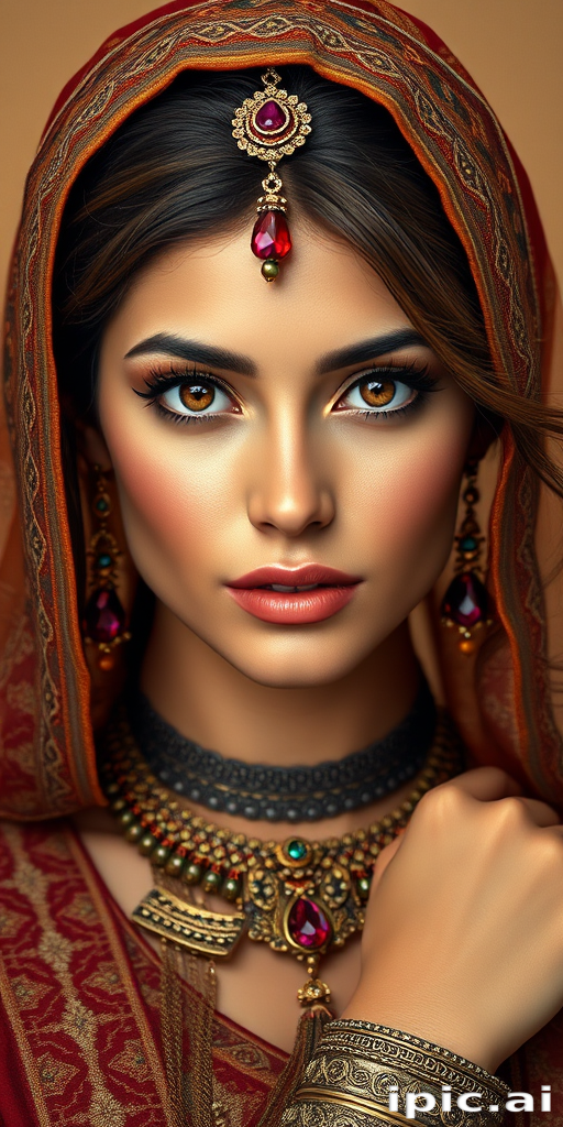 Create a portrait of a beautiful woman with striking hazel eyes and a gentle expression. She is adorned in traditional attire with intricate patterns, including a richly embroidered headscarf and matching garments. Her jewelry includes a delicate headpiece, dangling earrings, and ornate bracelets, all featuring vibrant gemstones and detailed metalwork. The background is soft and warm, enhancing the rich colors of her outfit and jewelry.