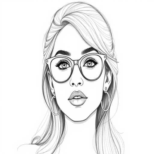 hot mia khalifa, pencil sketch, portrait of beautiful woman 60s in glasses, hair style beatnik, outline, clear lines, fine lines, 8k
