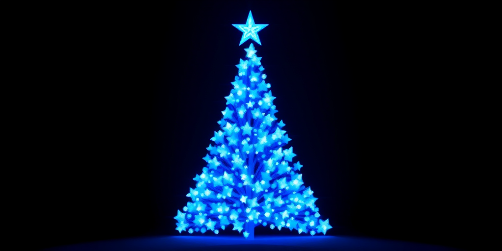 Create an illuminated blue Christmas tree design with sparkling stars against a dark background, shot with a DSLR camera at f/1.8 aperture, ISO 100, 50mm lens, in a high dynamic range style for enhanced detail and clarity.