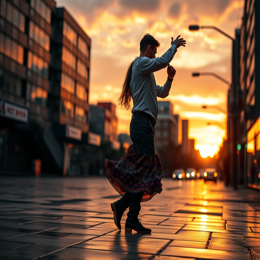 Create a vibrant urban dance scene at sunset with a couple dancing passionately, showcasing dynamic movement and reflections on wet pavement, using a DSLR camera with a 50mm lens, aperture f/1.8, ISO 100, and a low-angle view to enhance depth and detail.