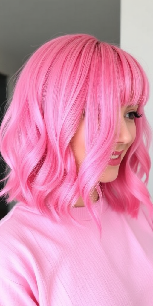Playful bubblegum pink bob dubbed "Cotton Candy Crush" with blunt cut ends, pastel pink base with darker rose accents, textured waves throughout, side-swept bangs blending seamlessly, whimsical and fun appearance