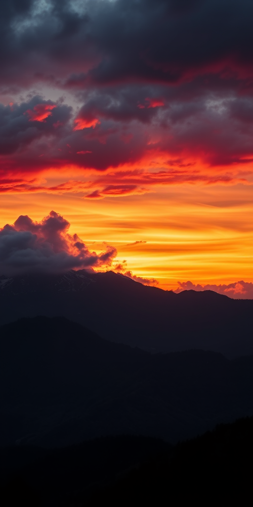 Create a high-resolution image of a vibrant sunset over a mountain landscape, with rich colors and dramatic clouds, captured using a Canon EOS 5D Mark IV, 24mm lens, aperture f/8, ISO 100, and a shutter speed of 1/125 sec, in landscape orientation.