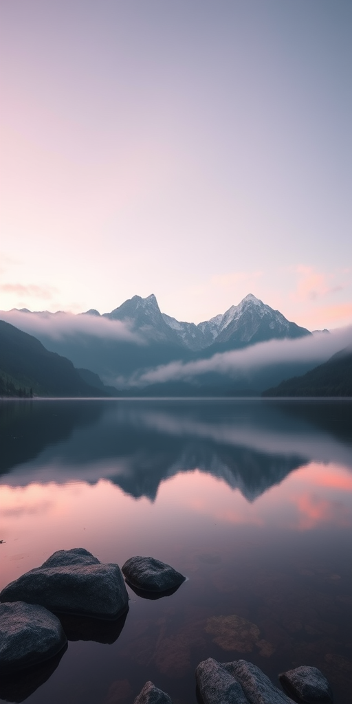 A serene mountain landscape at dawn with misty peaks reflecting on a calm lake, captured with a Canon EOS R5, 24mm lens, f/8, ISO 100, soft focus, high dynamic range, wide-angle view.