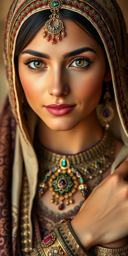 Create a portrait of a beautiful Middle Eastern woman with striking brown eyes and a gentle expression. She is adorned in traditional attire with intricate patterns, including a richly embroidered headscarf and matching garments. Her jewelry includes a delicate headpiece, dangling earrings, and ornate bracelets, all featuring vibrant gemstones and detailed metalwork. The background is soft and warm, enhancing the rich colors of her outfit and jewelry.