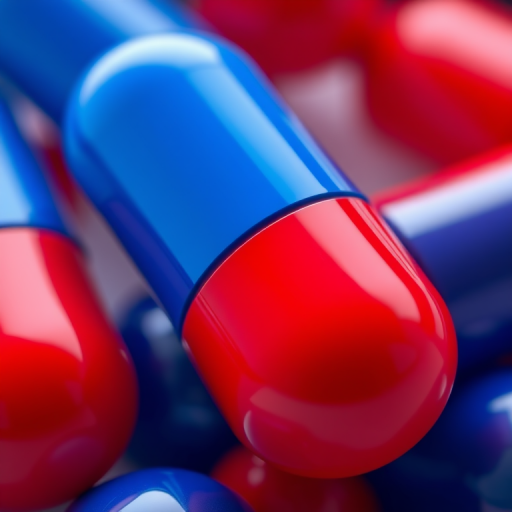 Create a high-quality digital illustration of a blue and red capsule pill with a glossy finish, shot in a macro view using a DSLR camera at f/2.8 aperture, ISO 100, and 1/60 second exposure for crisp detail and vibrant colors.
