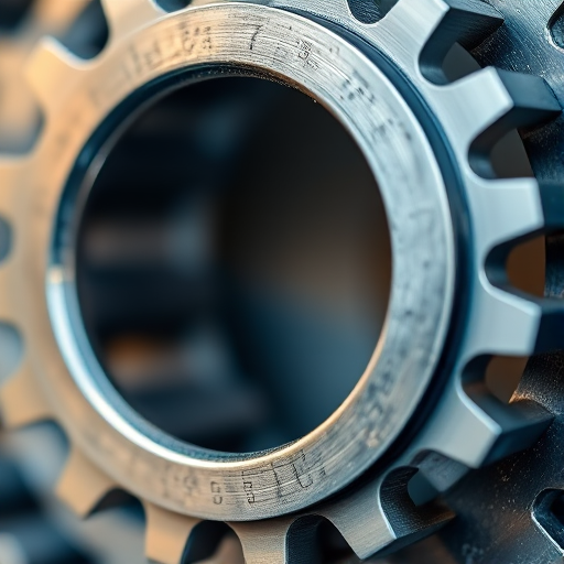 Create a detailed, high-resolution image of two interlocking metallic gears, showcasing intricate textures and reflections, captured using a DSLR camera at f/2.8 aperture, 50mm lens, with a shallow depth of field and natural lighting to enhance the three-dimensional appearance.