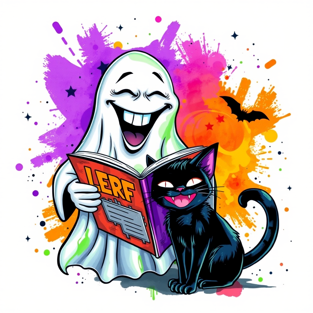 Image of a ghost and a black cat laughing exaggeratedly , and reading a comic halloween comic book, alcohol ink airbrush style, funny halloween theme, white background with neon purple, neon orange, neon green splash, black sparkles stars , dazzling BG