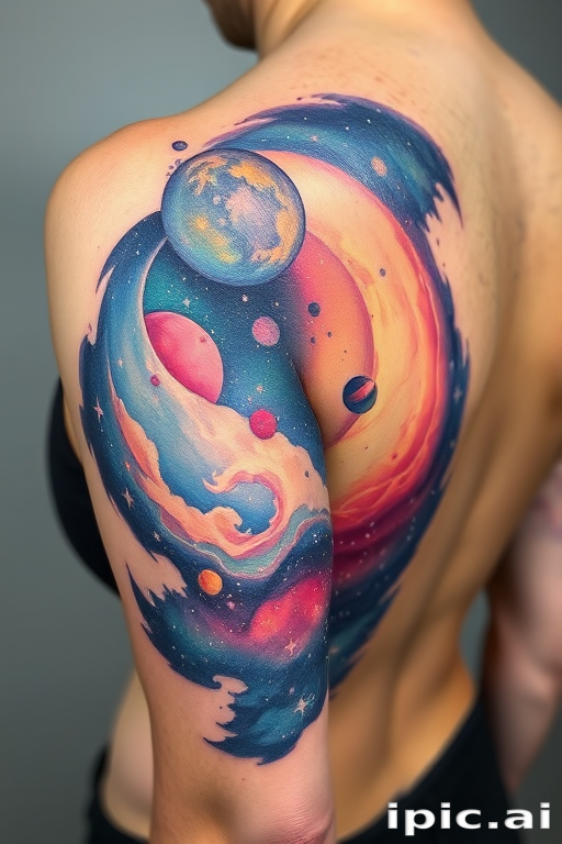 Cosmic watercolor tattoo called "Nebula Dreams" portraying a dreamy galaxy scene with swirling nebulae, twinkling stars, and distant planets, utilizing soft color blending techniques to create an ethereal, otherworldly effect, ideal for shoulder, back, or ribcage placement