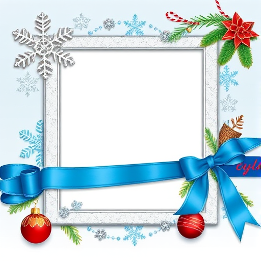 Create a digital illustration of a holiday-themed photo frame with a blank center for a photo, adorned with silver and blue snowflakes, a decorative blue ribbon, and festive elements like ornaments and pine leaves, captured with a Canon EOS R5, 50mm lens, f/2.8 aperture, natural lighting, and a vibrant color palette.