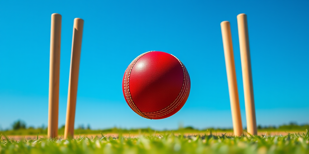 Create a vector graphic illustration of a cricket scene featuring a red cricket ball and wooden stumps set against a clear blue sky, using a DSLR camera with a 50mm lens, aperture f/2.8, 1/200s shutter speed, and ISO 100 to enhance color vibrancy and depth of field.
